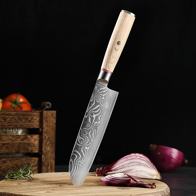 Blonde Series 7-Inch Santoku Knife, Damascus Steel, Wood