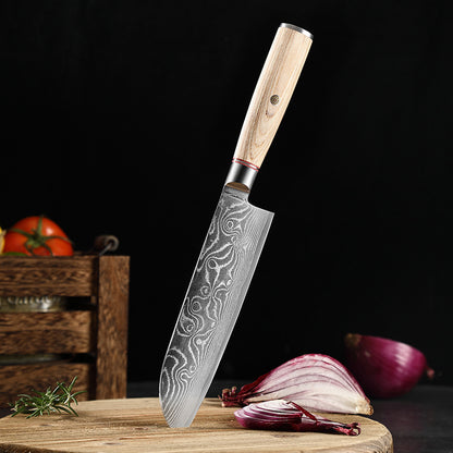 Blonde Series 7-Inch Santoku Knife, Damascus Steel, Wood