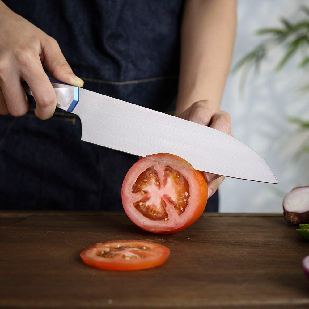 Custom Kitchen Santoku Knife, Vanax Superclean Steel, Titanium