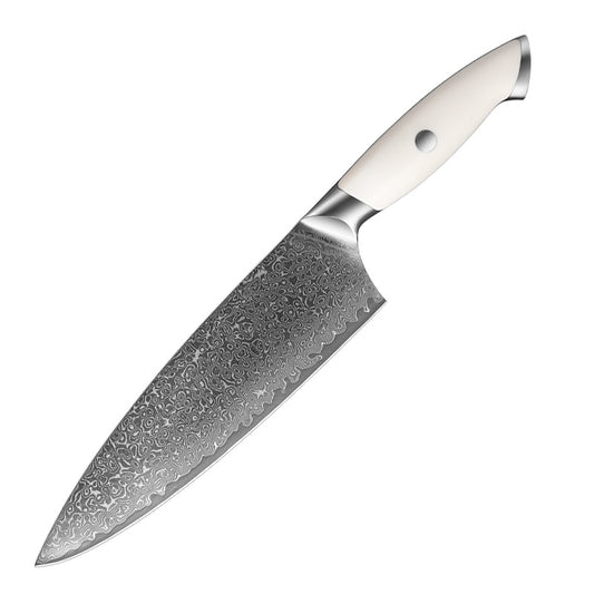 Creme White Series 8 Inch Chef Knife, High Carbon Damascus Steel, ABS