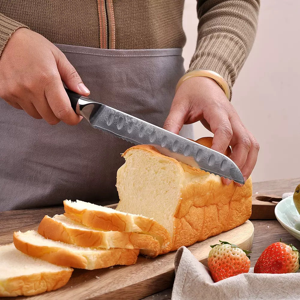 Cuchillo japonés para pan de Damasco de 8 "con mango de cáscara de trigo