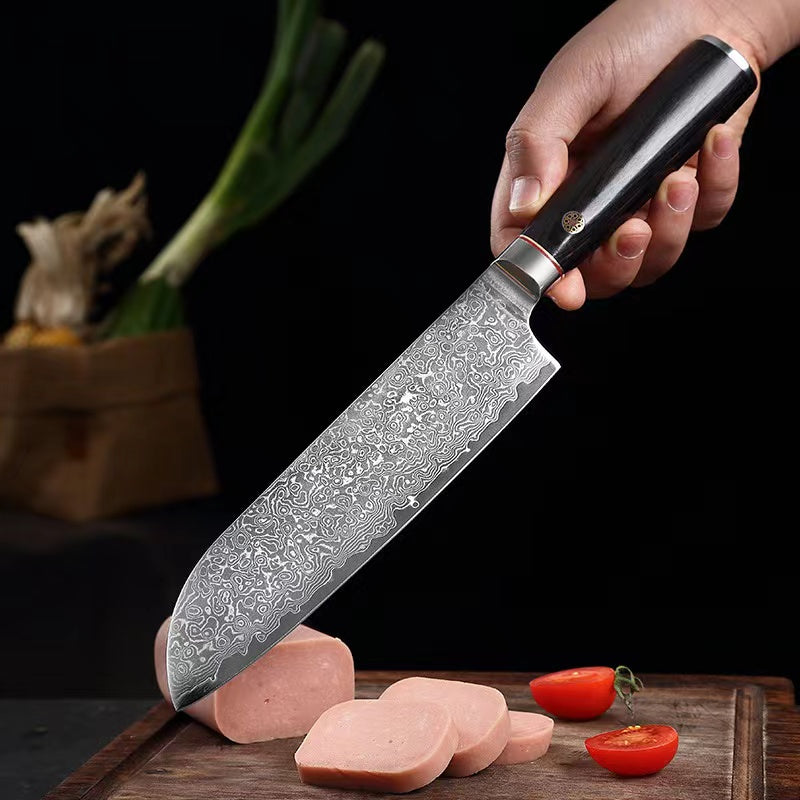 T Series 7-Inch Santoku Knife, Damascus Steel, Wood