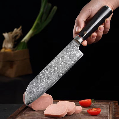 T Series 7-Inch Santoku Knife, Damascus Steel, Wood