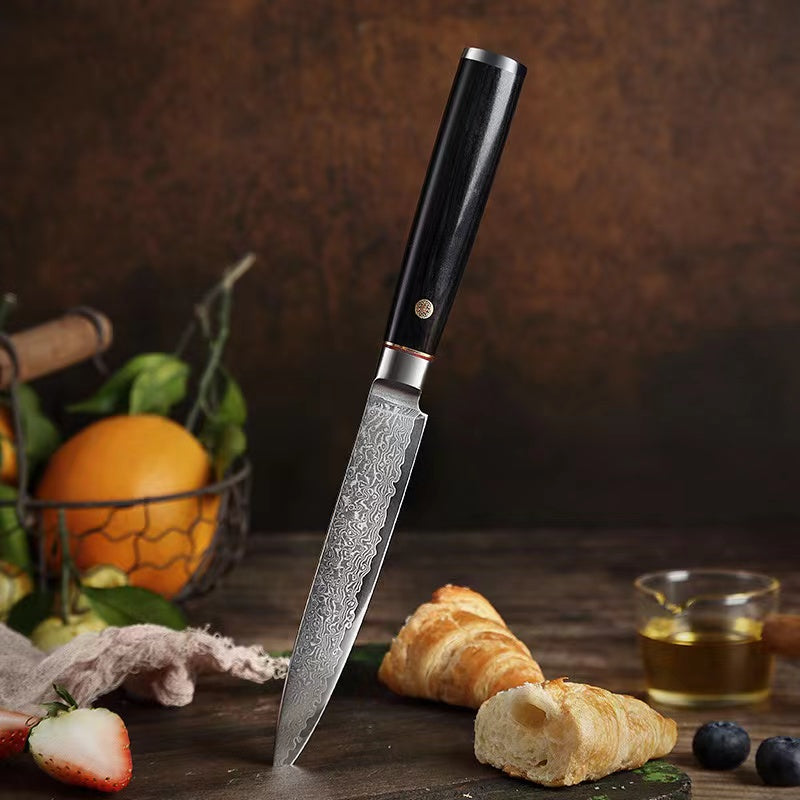 T Series 5-Inch Utility Knife, Damascus Steel, Wood, Black