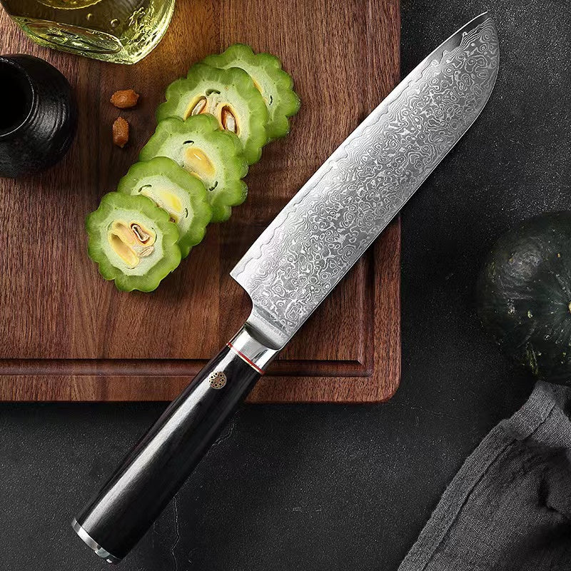 T Series 7-Inch Santoku Knife, Damascus Steel, Wood
