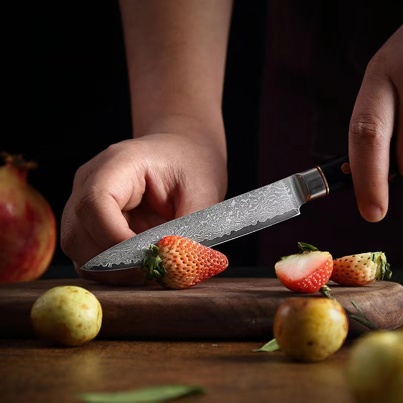 T Series 5-Inch Utility Knife, Damascus Steel, Wood, Black