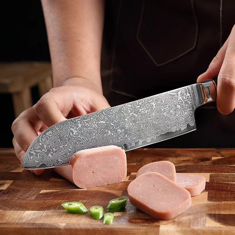 T Series 7-Inch Santoku Knife, Damascus Steel, Wood