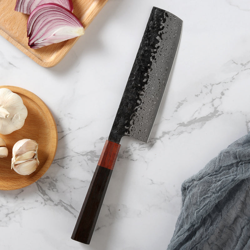 6.7-Inch Japanese Nakiri Knife, Damascus Steel, Ebony