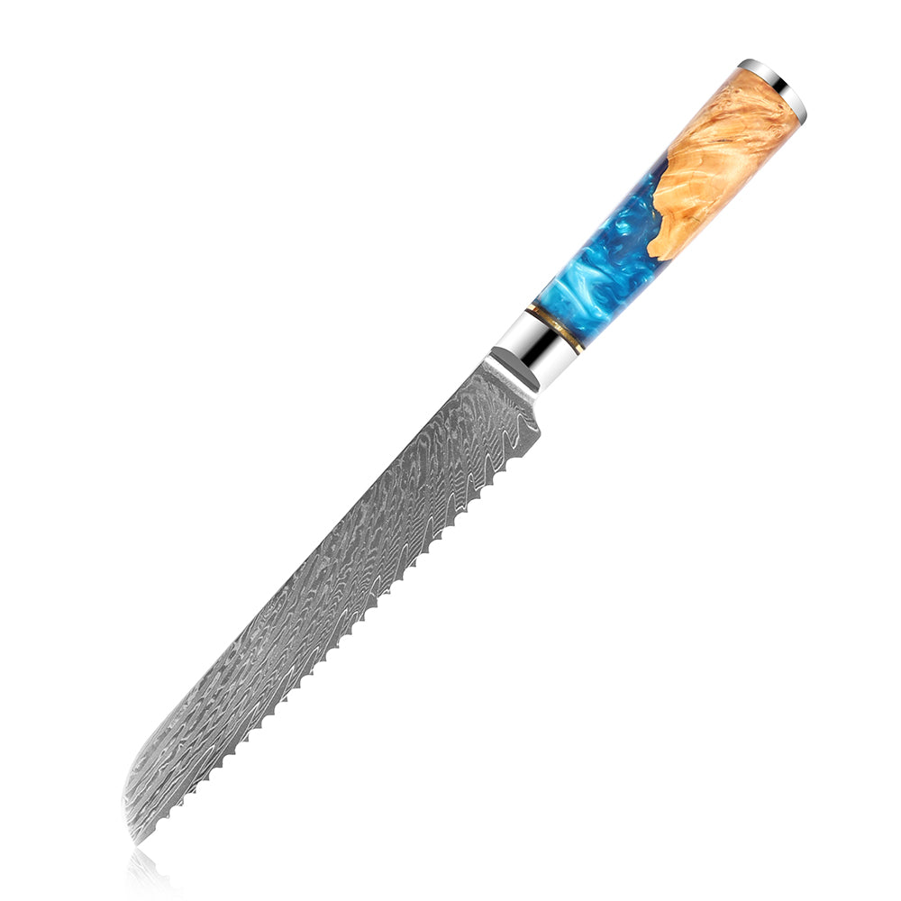 Cuchillo de cocina para pan de Damasco con mango de resina azul de 8 "