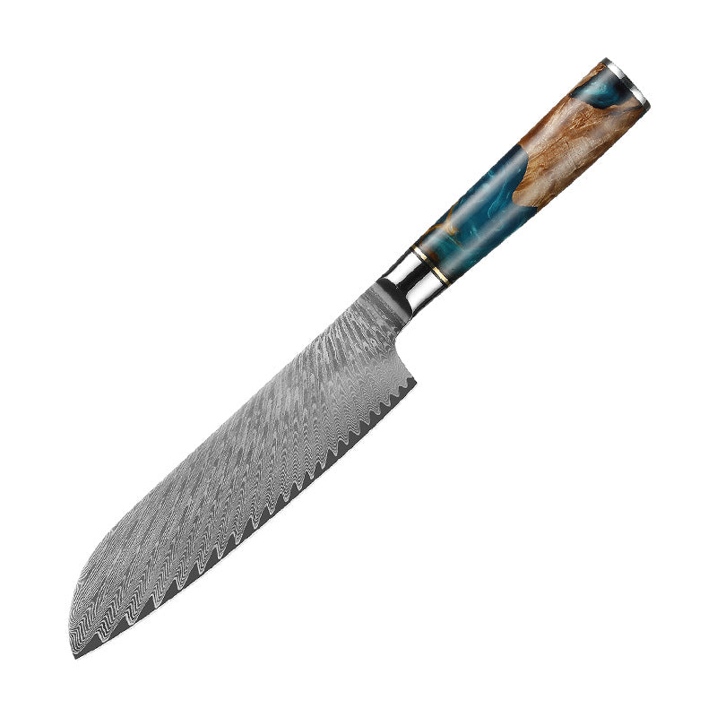 Cuchillo Santoku de Damasco con mango de resina azul de 7 "
