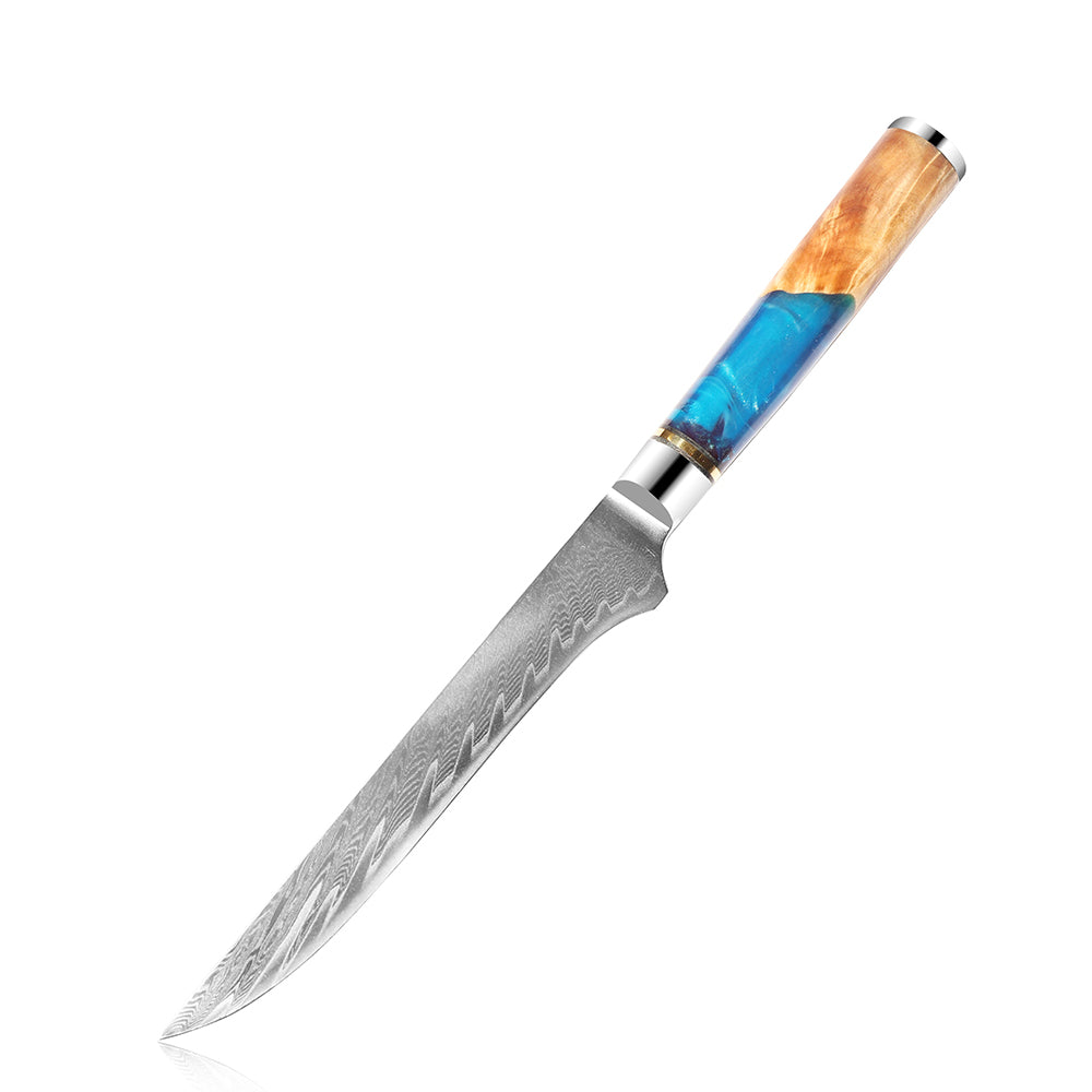 Cuchillo para deshuesar de cocina Damasco con mango de resina azul de 6 "