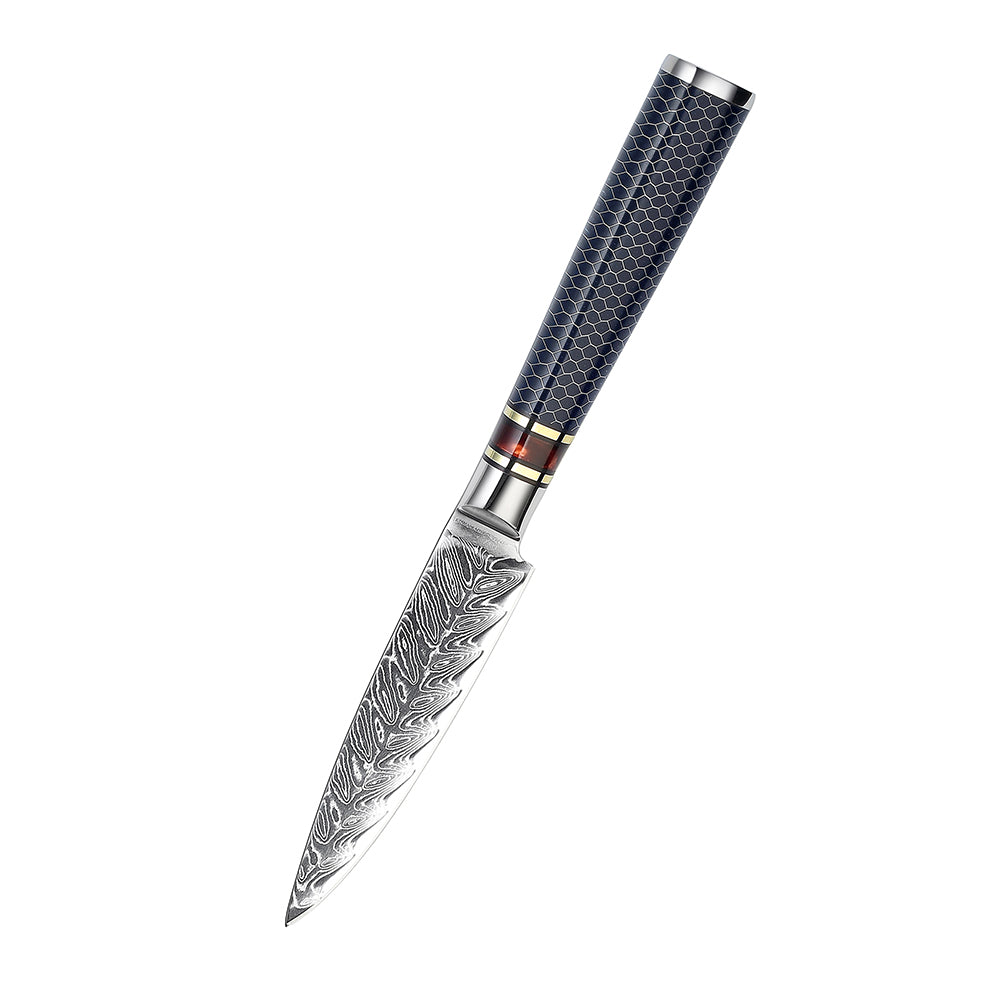 Cuchillo para mondar de acero de Damasco VG10 con mango de panal de resina de 3,5 "