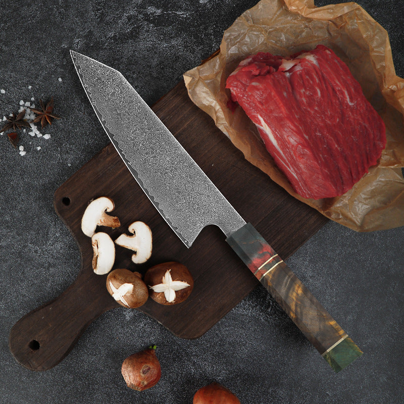 Cuchillo Kiritsuke de Damasco de 8 "con mango de madera estabilizada con resina
