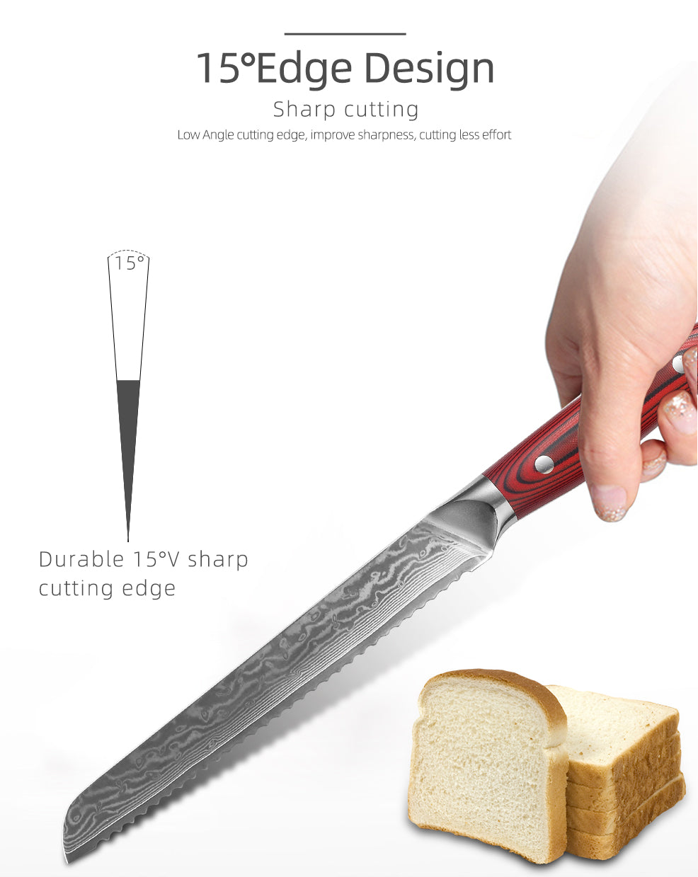 Cuchillo para pan de acero de Damasco VG10 de 8.3 "con remache de mosaico