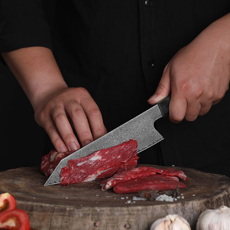 Cuchillo Kiritsuke de Damasco de 8 "con mango de madera estabilizada con resina