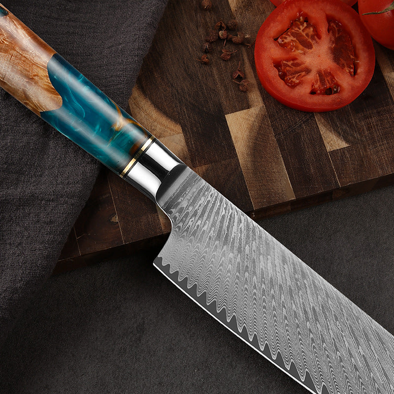 Cuchillo Santoku de Damasco con mango de resina azul de 7 "