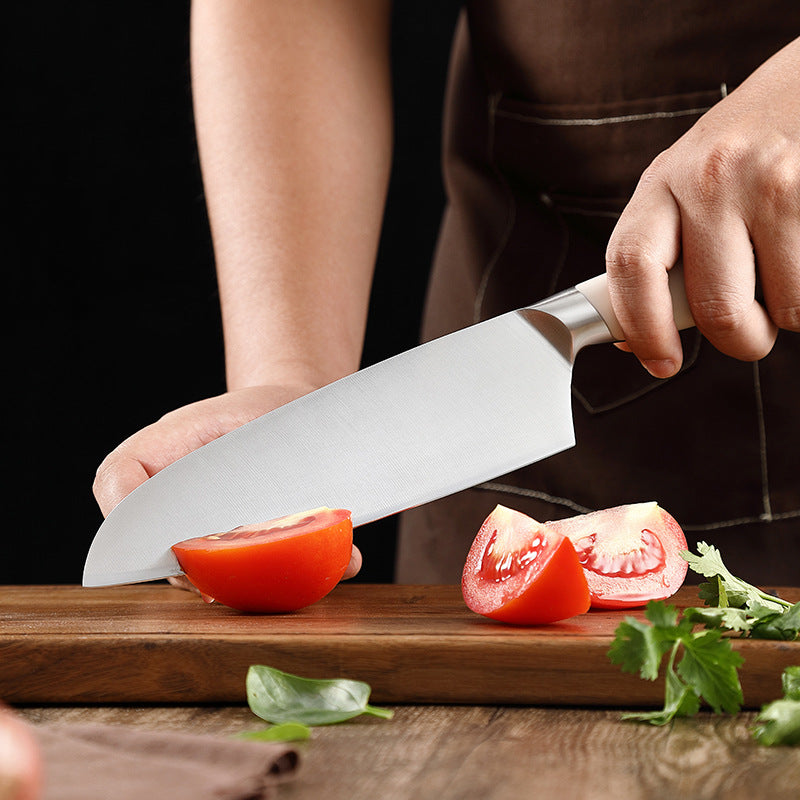 Creme White Series 7-Inch Santoku Knife, German 1.4116 Steel, ABS