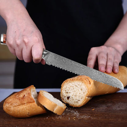 Cuchillo japonés para pan de Damasco de 8 "con mango de cáscara de trigo