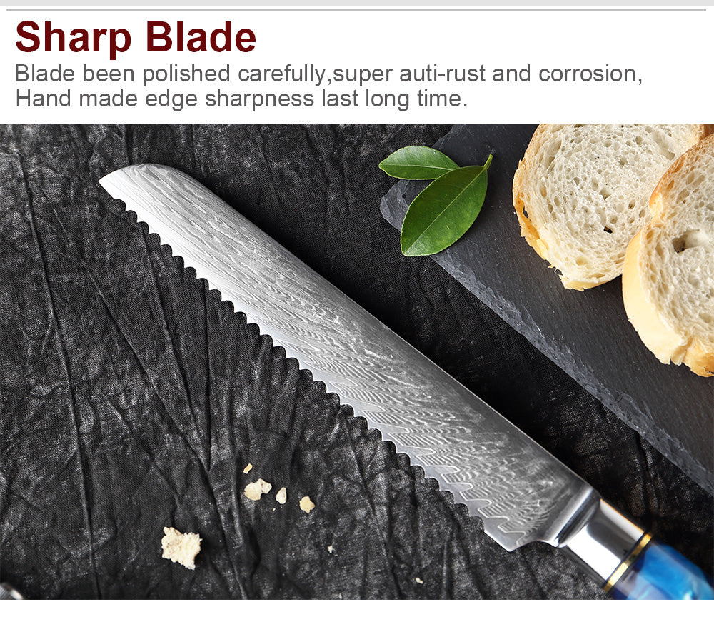 Cuchillo de cocina para pan de Damasco con mango de resina azul de 8 "