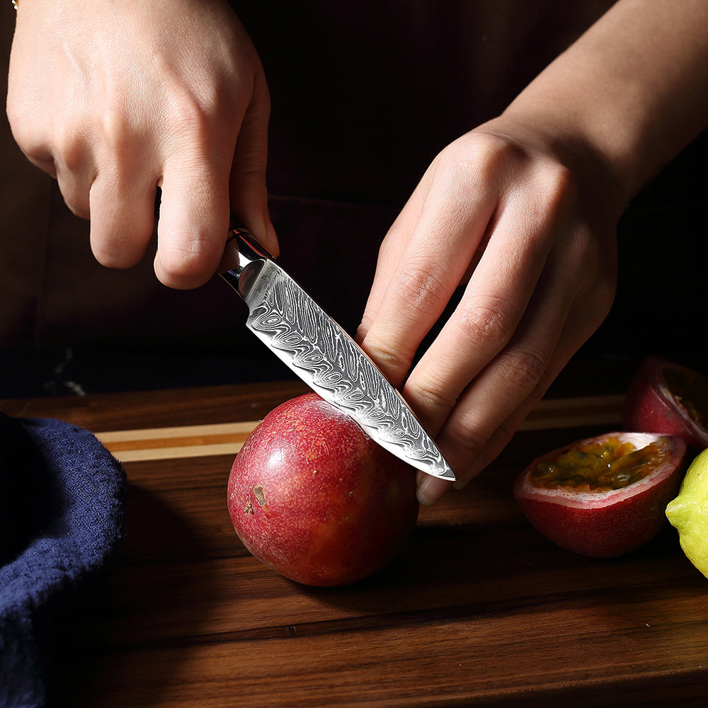 Cuchillo para mondar de acero de Damasco VG10 con mango de panal de resina de 3,5 "