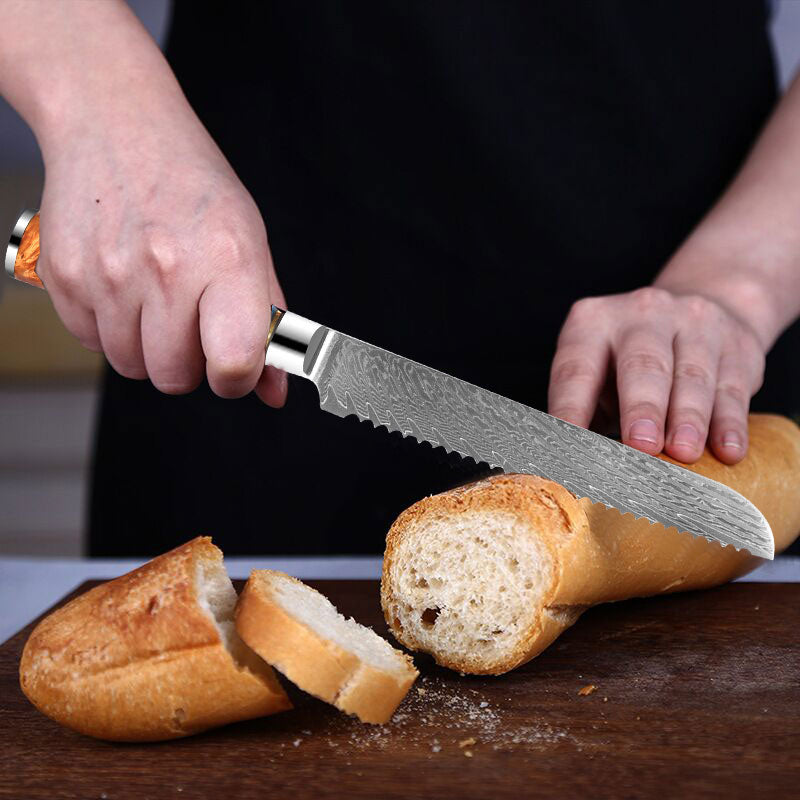 Cuchillo de cocina para pan de Damasco con mango de resina azul de 8 "