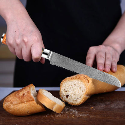 Cuchillo de cocina para pan de Damasco con mango de resina azul de 8 "