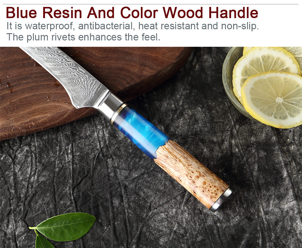 Cuchillo para deshuesar de cocina Damasco con mango de resina azul de 6 "