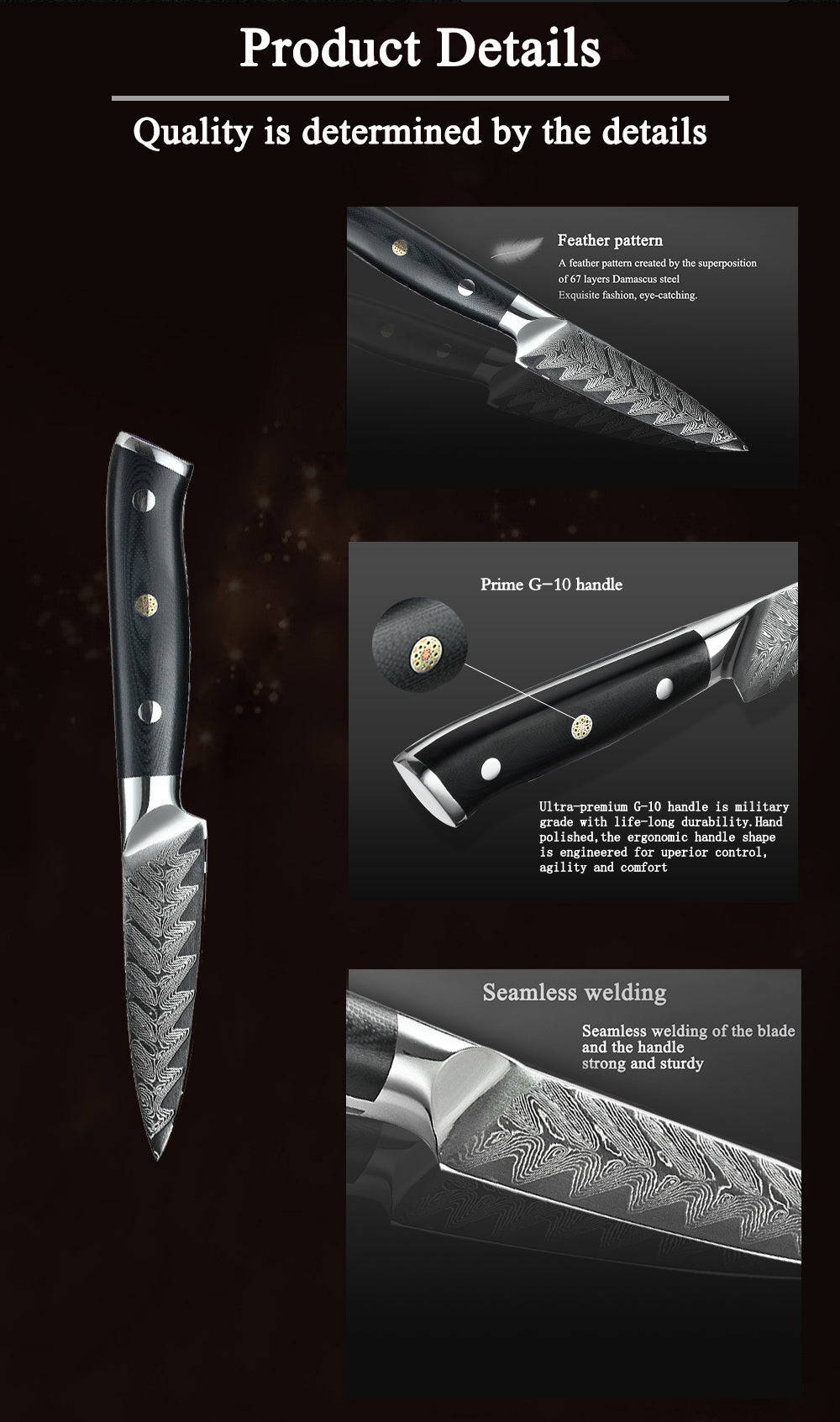 Cuchillo para mondar Damasco con mango G10 de 3,5 "y 67 capas