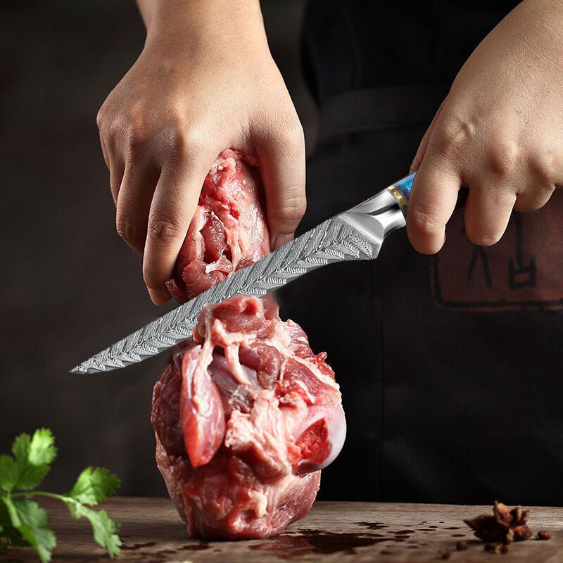 Cuchillo para deshuesar de cocina Damasco con mango de resina azul de 6 "