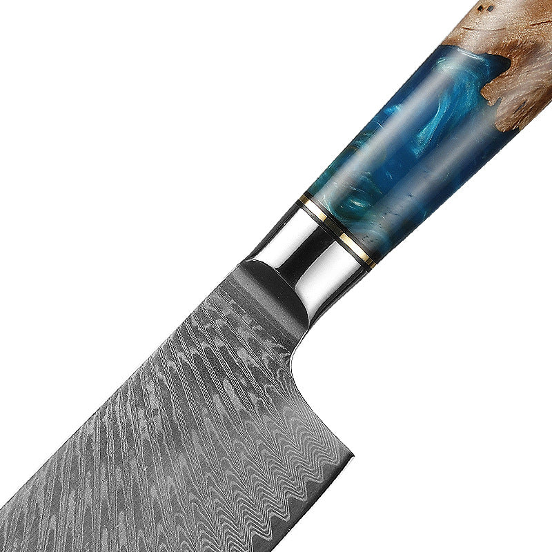 7" blauer Harzgriff Damaskus japanisches Nakiri-Messer