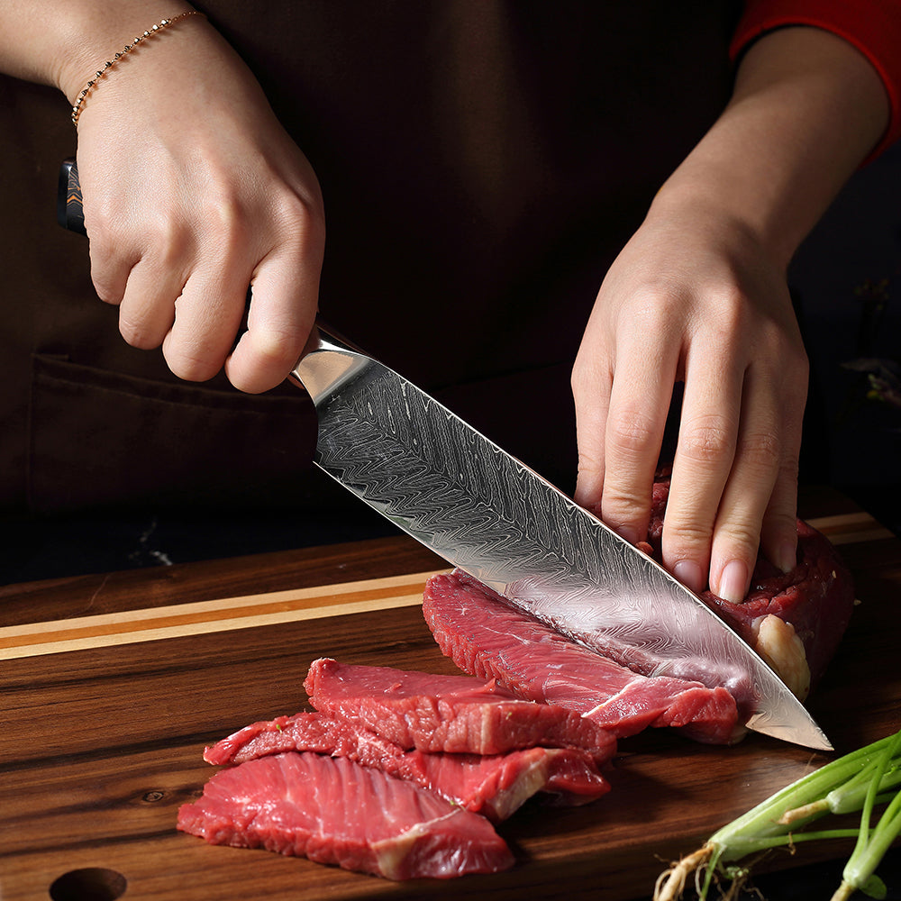 Cuchillo de chef Damasco con diseño de espiga de 8 "con mango G10