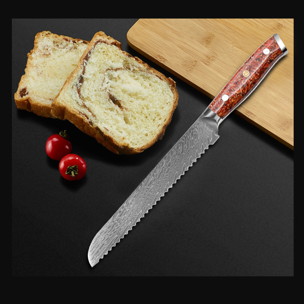 Cuchillo japonés para pan de Damasco de 8 "con mango de cáscara de trigo
