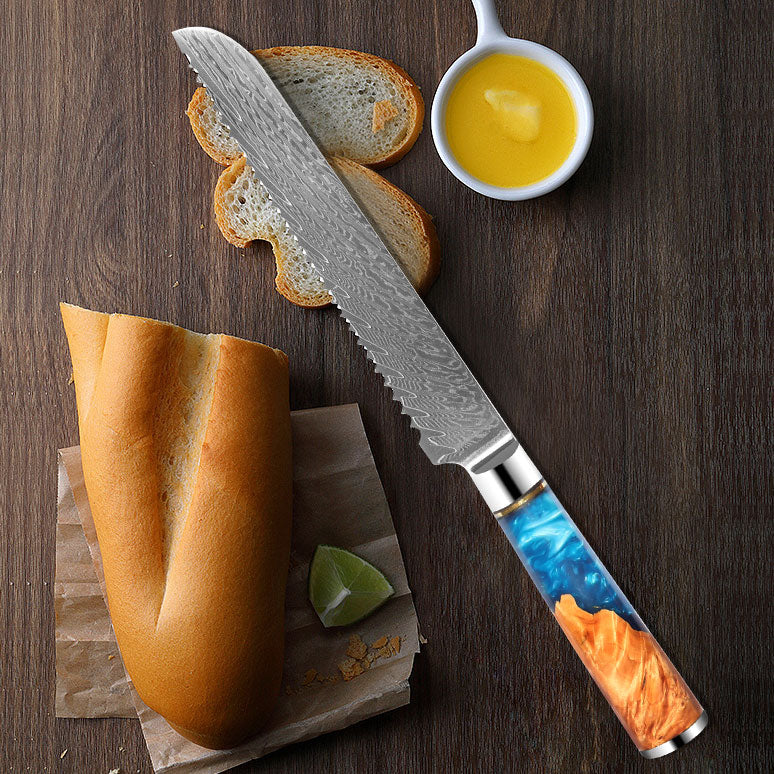 Cuchillo de cocina para pan de Damasco con mango de resina azul de 8 "