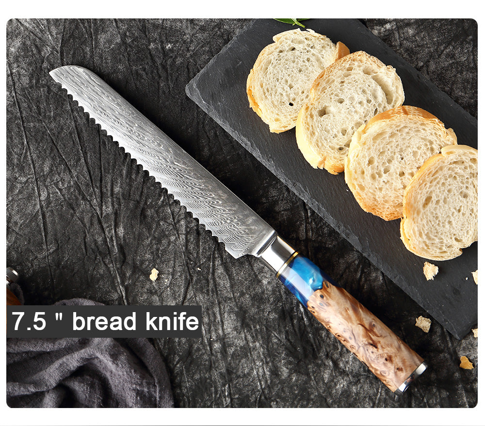 Cuchillo de cocina para pan de Damasco con mango de resina azul de 8 "