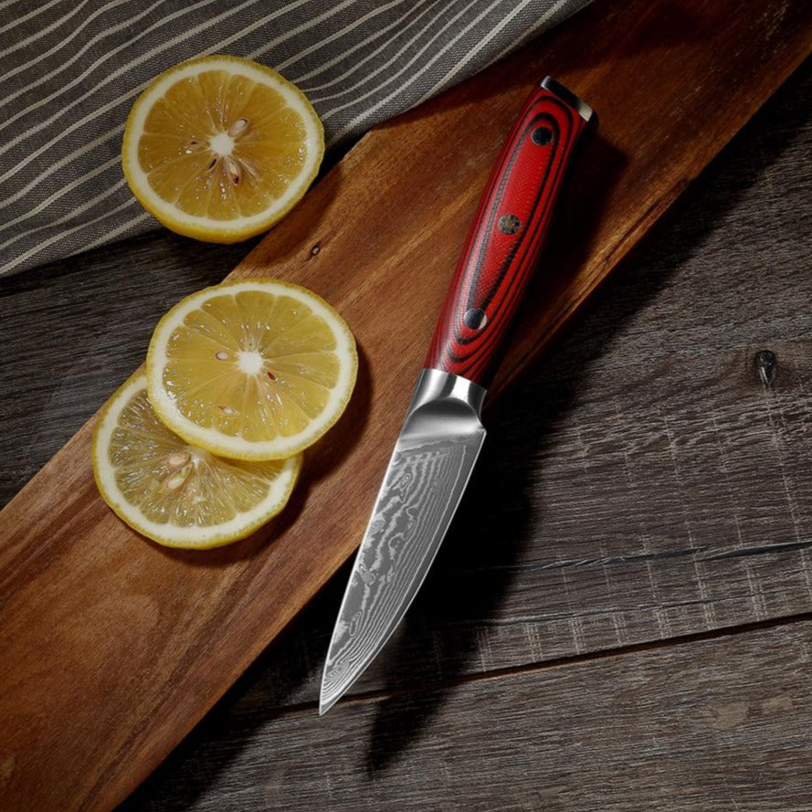 Cuchillo para mondar de acero de Damasco VG10 con mango G10 de 3,5 "